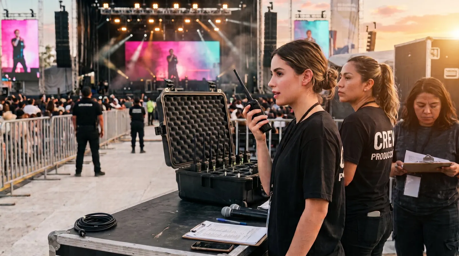 Operadora de producción con radio Motorola DEP450 en un concierto al atardecer
